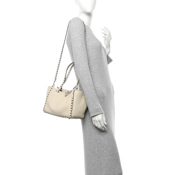 VALENTINO GARAVANI Pebbled Calfskin Small Rockstud Tote Ivory