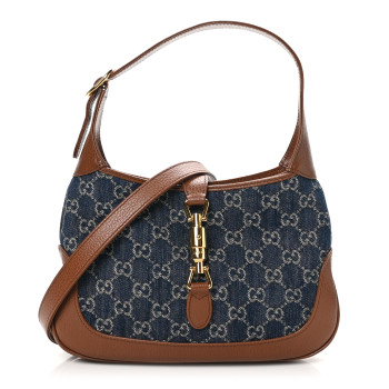 GUCCI New Denim GG Monogram Calfskin Small Jackie 1961 Hobo Blue Tea Cuir