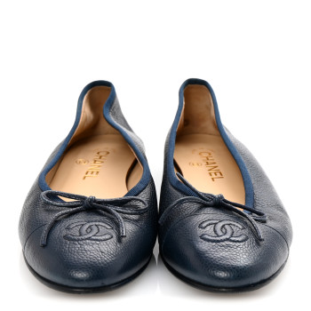 CHANEL Caviar CC Cap Toe Ballerina Flats 38 Bleu Marine Fonce