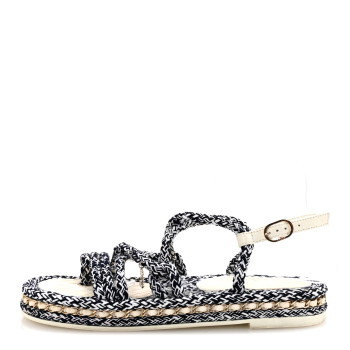 CHANEL Cord Lambskin Quilted Logo Sandals 39 Navy Blue White