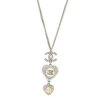 CHANEL Crystal Pearl CC Heart Drop Pendant Necklace Silver