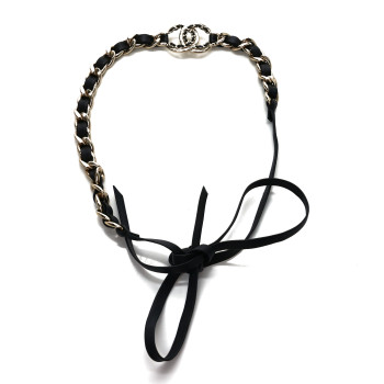 CHANEL Metal Lambskin Crystal CC Chain Tie Headband Gold Black