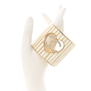 CHANEL Crystal Heart CC Cuff Bracelet S Gold White