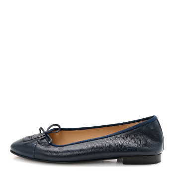 CHANEL Caviar CC Cap Toe Ballerina Flats 38 Bleu Marine Fonce