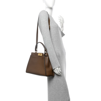 FENDI Vitello Seta Fabric Jacquard Pequin Medium Peekaboo Iconic Satchel Foresta Tobacco