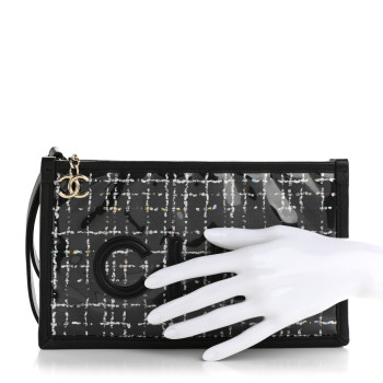 CHANEL Tweed PVC Lambskin Wristlet Pouch Black