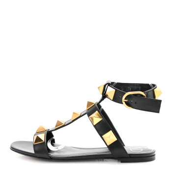 VALENTINO GARAVANI Calfskin Roman Stud Ankle Strap Flat Sandals 38.5 Black