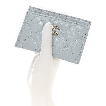 CHANEL Caviar Quilted Crystal CC Card Holder Light Blue