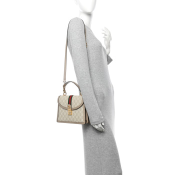 GUCCI GG Supreme Monogram Textured Dollar Calfskin Web Small Ophidia Padlock Top Handle Bag Beige Mystic White Oatmeal