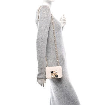 CHANEL Calfskin Quilted Crystal Pearl Mini Flap Bag White