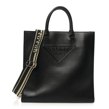 PRADA Saffiano Cuir Triangle Logo Embossed Vertical Tote Black