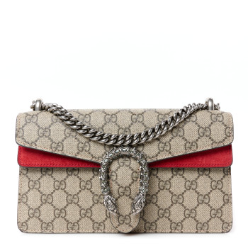 GUCCI GG Supreme Monogram Suede Crystal Small Dionysus Shoulder Bag Beige Ebony Vulcanic Red