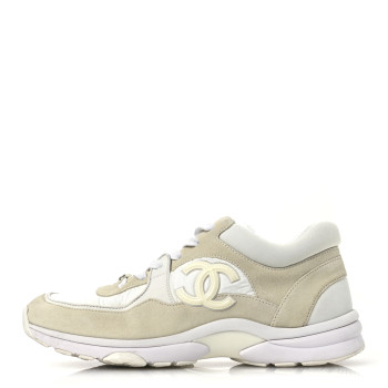 CHANEL Suede Calfskin Fabric CC Sneakers 39.5 White