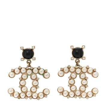 CHANEL Resin Crystal Pearl CC Drop Earrings Black Gold