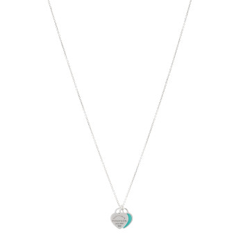 TIFFANY Sterling Silver Enamel Return to Tiffany Double Mini Heart Tag Pendant Necklace Blue