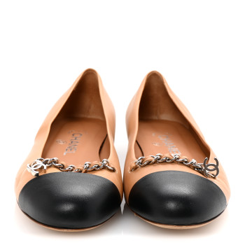 CHANEL Lambskin Cap Toe Chain Ballerina Flats 37.5 Beige Black