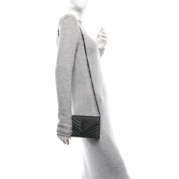 SAINT LAURENT Grain De Poudre Matelasse Chevron Monogram Monochrome Envelope Chain Wallet Black