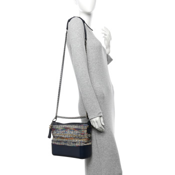 CHANEL Tweed Calfskin Quilted Medium Gabrielle Hobo Navy