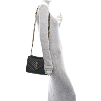 SAINT LAURENT Sheepskin Matelasse Chevron Monogram Medium College Bag Black