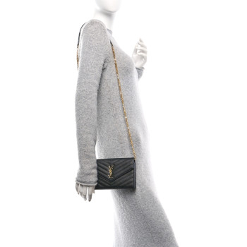 SAINT LAURENT Grain De Poudre Matelasse Chevron Monogram Envelope Chain Wallet Black