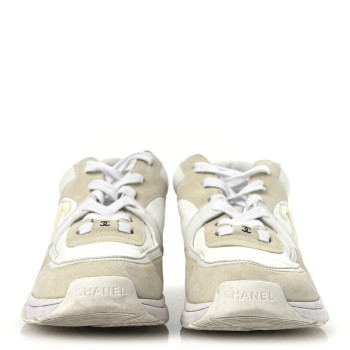 CHANEL Suede Calfskin Fabric CC Sneakers 39.5 White