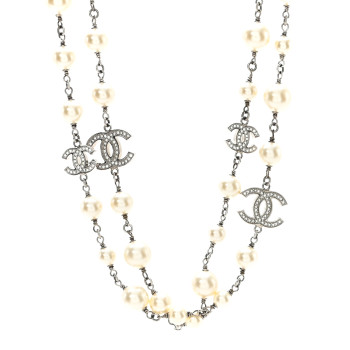 CHANEL Crystal Pearl CC Long Necklace Silver