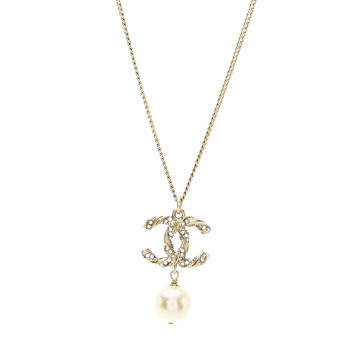 CHANEL Crystal Pearl Twisted CC Pendant Necklace Gold