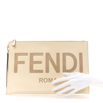FENDI Vitello King Logo Embossed Large Flat Pouch White Ice