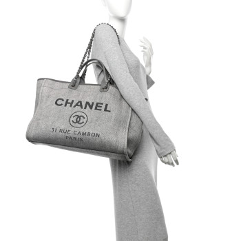 CHANEL Woven Straw Raffia Large Deauville Tote Grey