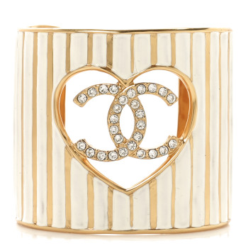 CHANEL Crystal Heart CC Cuff Bracelet S Gold White