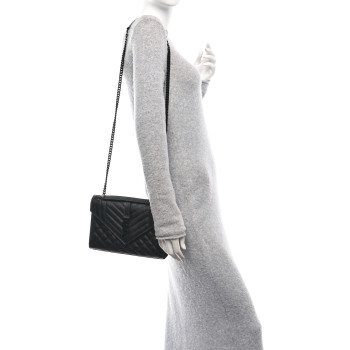 SAINT LAURENT Grain De Poudre Textured Mixed Matelasse Triquilt Medium Monogram Monochrome Satchel Black