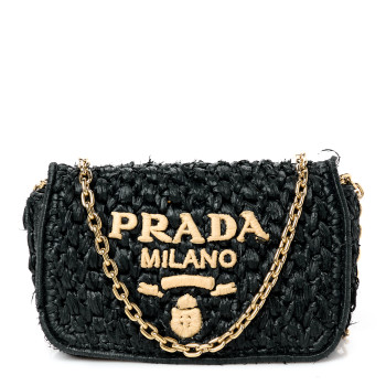 PRADA Yarn Raffia Effect Crochet Logo Shoulder Bag Black