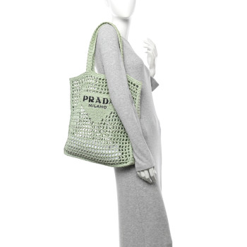PRADA Yarn Raffia Effect Crochet Logo Embroidered Tote Bag Acqua