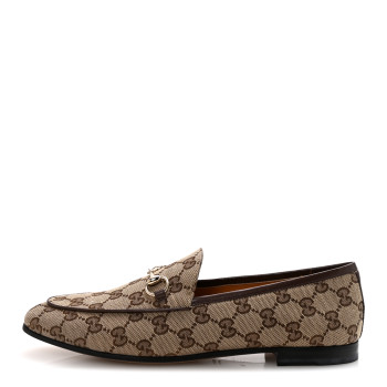 GUCCI Canvas GG Monogram Horsebit Womens Jordaan Loafers 40 Beige Ebony New Acero