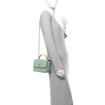 CHANEL Shiny Calfskin Quilted Mini Metal Top Handle Flap Light Green
