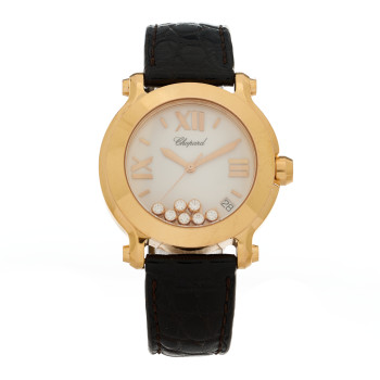 CHOPARD 18K Rose Gold Alligator 7 Diamond 36mm Happy Sport Quartz Watch