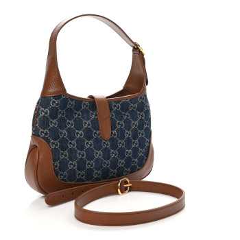 GUCCI New Denim GG Monogram Calfskin Small Jackie 1961 Hobo Blue Tea Cuir