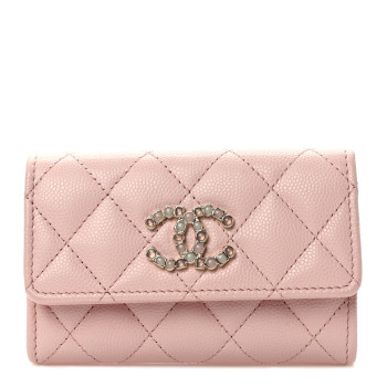 CHANEL Shiny Caviar Enamel Quilted CC Flap Card Holder Light Pink