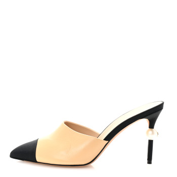 CHANEL Goatskin Grosgrain Cap Toe Pearl Mule 39 Beige Black
