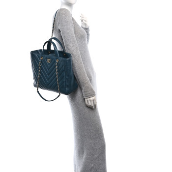 CHANEL Calfskin Chevron Quilted Large Shopping Tote Blue