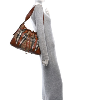 BURBERRY House Check Bridle Calfskin Hobo Brown