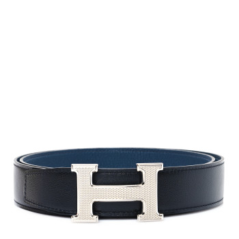 HERMES Box Togo 32mm Guilloche H Belt 90 36 Black Bleu Nuit