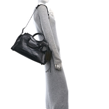 BALENCIAGA Semi Shiny Calfskin Crocodile Embossed Neo Cagole Black Hardware City Handbag Black