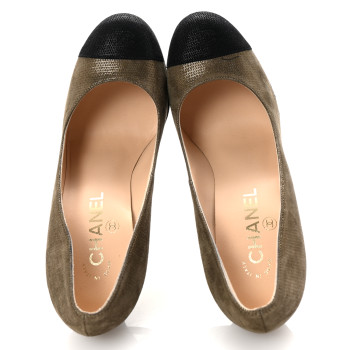 CHANEL Metallic Fabric CC Cap Toe Pumps 38.5 Khaki Black