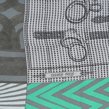 HERMES Silk Manufacture de Boucleries Scarf 90 Gris Noir Menthol