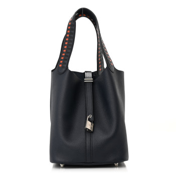 HERMES Epsom Tressage De Cuir Picotin Lock 22 MM Bleu Indigo Black Terre Battue
