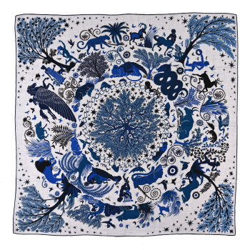 HERMES Cashmere Silk Sous Le Charme d'Orphee Shawl 140 Gris Chine Bleu Electrique
