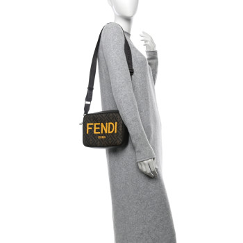 FENDI Shiny Glazed Fabric Vitello Cover FF 1974 Logo Medium Camera Case Tobacco Moro Giallo Ebano