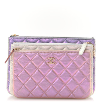 CHANEL Iridescent Crumpled Calfskin Trio Cosmetic Case Blue Pink Ivory