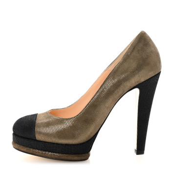 CHANEL Metallic Fabric CC Cap Toe Pumps 38.5 Khaki Black